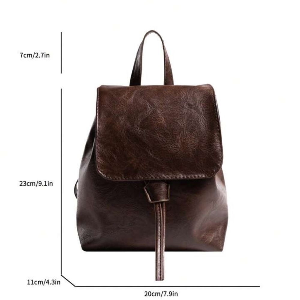 Mini Brown Flap Backpack Vintage Drawstring Design - image 5
